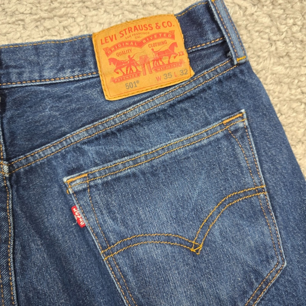 Levi's 501 Jeans Men 35x32 (Fits 32x29) Dark Wash Button Fly Straight Leg Rugged - Picture 7 of 14